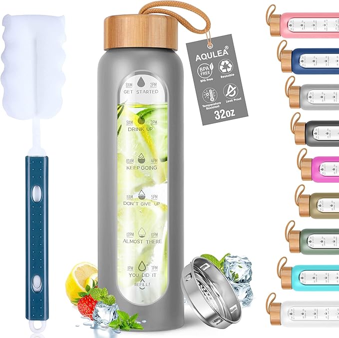 Aqulea Glass Water Bottles 32 Oz with Silicone Sleeve - BPA Free Reusable Wide Mouth Glass Motivational Water Bottles with Fruit Infuser – Leak Proof Borosilicate Water Bottle with Time Marker (Grey)-Ruum Studio Home
