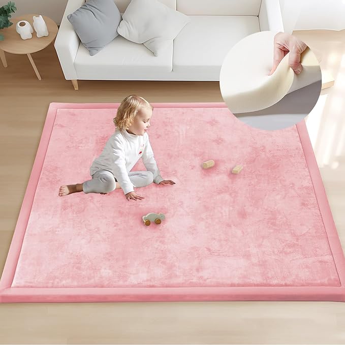 ACOMOPACK Baby Play Mat for Floor 1.3" Thick Memory Foam 50x50 Soft Velvet Playpen Mat for Kids,Infants,Toddlers,Tummy Time Crawling Mats with Non-Slip Bottom,Yoga,Tatami,Nursery Rug（Pink）-Ruum Studio Home