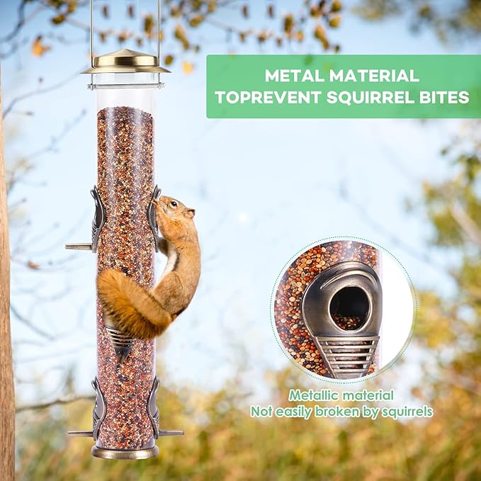 MIXXIDEA 1PK Metal Bird Feeders with 6 Feeding Ports,Tube Bird Feeder with Steel Hanger,Hard Plastic Wild Bird Feeder for Outdoors Hanging, Attracting Birds in Your Lawn, Garden, Balcony–Bronze-Ruum Studio Home