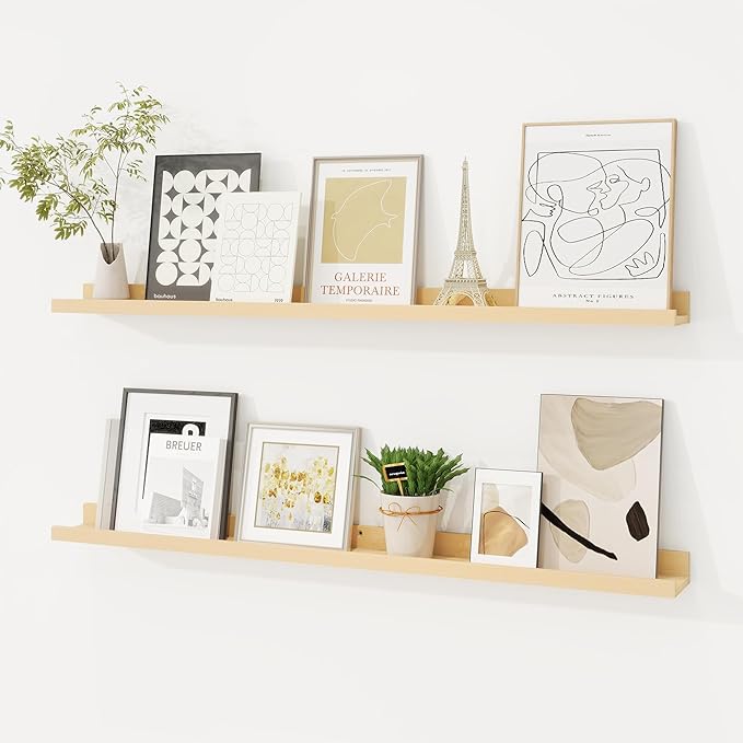 Picture Ledge Shelf, Solid Pine Wood Floating Shelves Set of 2, 32 Inches Nursery Book Shelves for Toys Storage, Kids Bookshelf Wall Mounted for Living Room Decor Photo Frames, Unfinished Natural-Ruum Studio Home