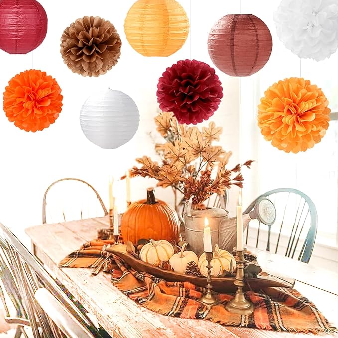 Brown Burgundy-Orange Party-Decorations Paper-Flowers Lanterns - 15PCS Fall Boho Tissue Pom Poms Streamers,Baby Bridal Shower Rustic Wedding Neutral Birthday Coffee Halloween ThanksgivingDecor Hugfond-Ruum Studio Home