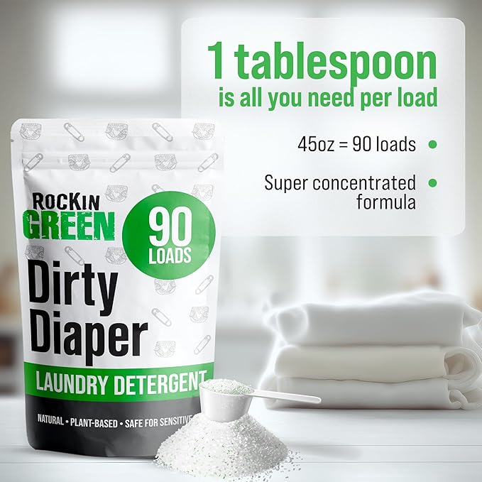 Rockin' Green Laundry Detergent, Plant based, All Natural Laundry Detergent Powder, Vegan and Biodegradable Odor Fighter, Safe for Sensitive Skin (Baby Cloth Diaper 90 Loads Unscented)-Ruum Studio Home