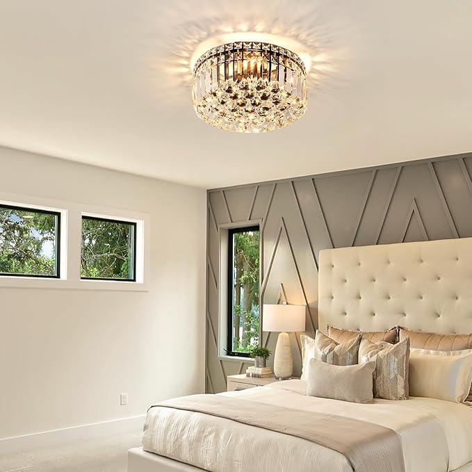 4-Light Black Crystal Chandeliers Flush Mount Chandelier Light Fixture with K9 Crystals Modern Ceiling Lights Elegant Round Lamp for Bedroom,Hallway,Bar,Living Room,Dining Room,H5.9 xW13.7-Ruum Studio Home