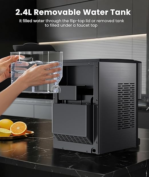 Nugget Ice Makers Countertop, Pellet Ice Maker Machine Dispenser with Water Reservoir with 44lbs/24H, Self-Cleaning, Soft Chewable Ice Maker Machine for Home/Kitchen/Office, Silver Stainless-Ruum Studio Home