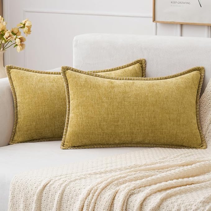 MIULEE Pack of 2 Couch Throw Pillow Covers 12x20 Inch Mustard Yellow Farmhouse Decorative Pillow Covers with Stitched Edge Soft Chenille Solid Dyed Fall Pillow Covers for Sofa Bed Living Room-Ruum Studio Home