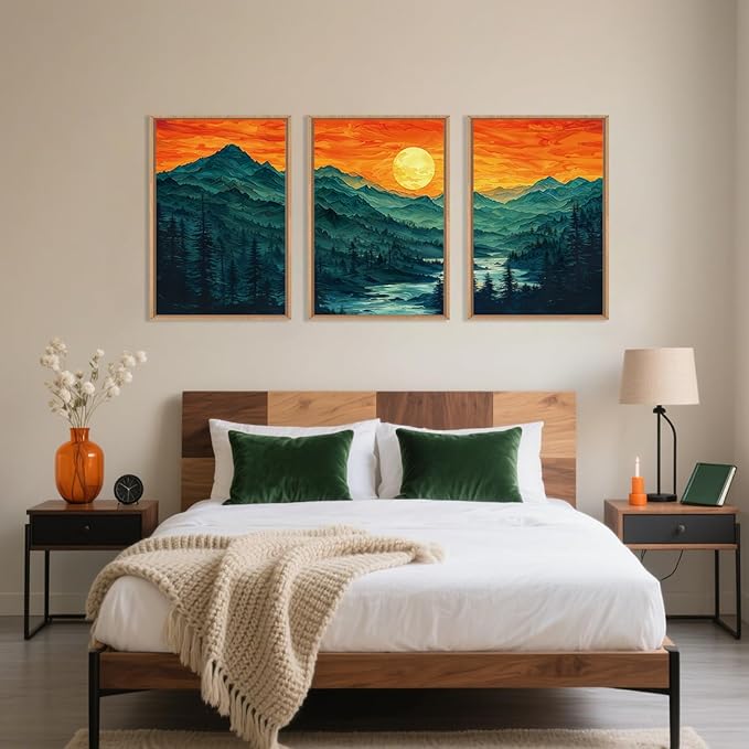 Woodland Mountain Framed Canvas Wall Art Set, Abstract Ridge Wall Painting, Boho Sunset Scenery Wall Decor, Modern Natural Landscape Art Print for Living Room, Bedroom, Office - 16"x24"x3-Ruum Studio Home