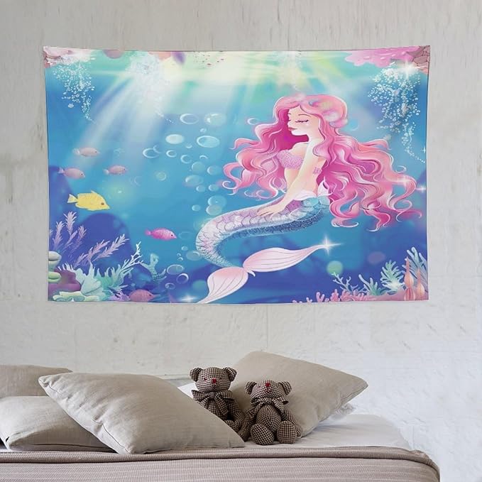 HZOHNAGO Mermaid Girls Tapestry Watercolor Mermaid Princess Pink Hair Pattern for Kids Room Decoration Printed Wall Tapestry Wall Hanging for Bedroom Living Room Dorm 60" W x 40" H-Ruum Studio Home
