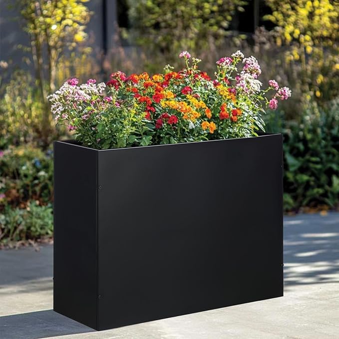 Metal Rectangular Planter Box Tall Planters for Outdoor Plants Modern Heavy Duty with Drainage Holes for Outside Indoor Patio Deck - Black, 32”x 12”x 24”-Ruum Studio Home