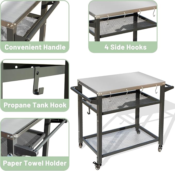 Domi 3-Shelf Outdoor Grill Table, Grill Cart with Wheels, Outdoor Pizza Oven and Food Prep Table, Blackstone with Stainless Steel Tabletop, BBQ Stand for Blackstone Griddle for Outside BBQ-Ruum Studio Home