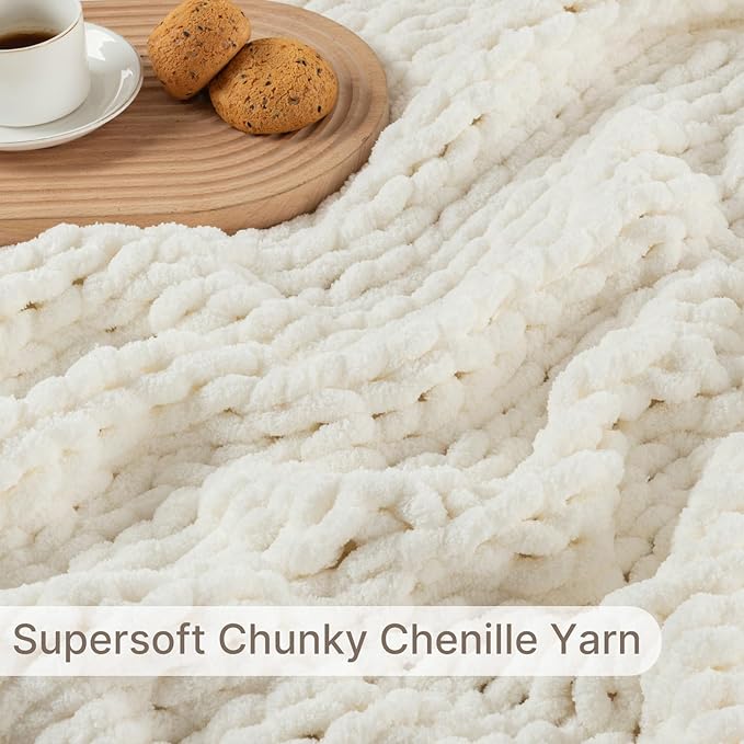 Chunky Knit Blanket Throw, 100% Hand Knit Throw Blanket Handmade Chenille Cable Knit Throw for Couch, Stylish Cozy Soft Rope Knot Crochet Blanket for Home Decor, Ivory, 60x80 Inches-Ruum Studio Home