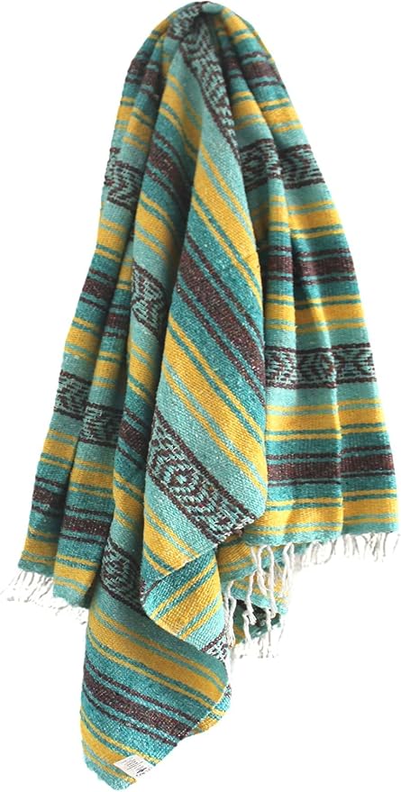 Del Mex Classic Mexican Blanket, Large Authentic Woven Falsa Throw (70"x50"), Artisan Southwest Décor for Beach, Yoga, Outdoors (Teal/Yellow)-Ruum Studio Home