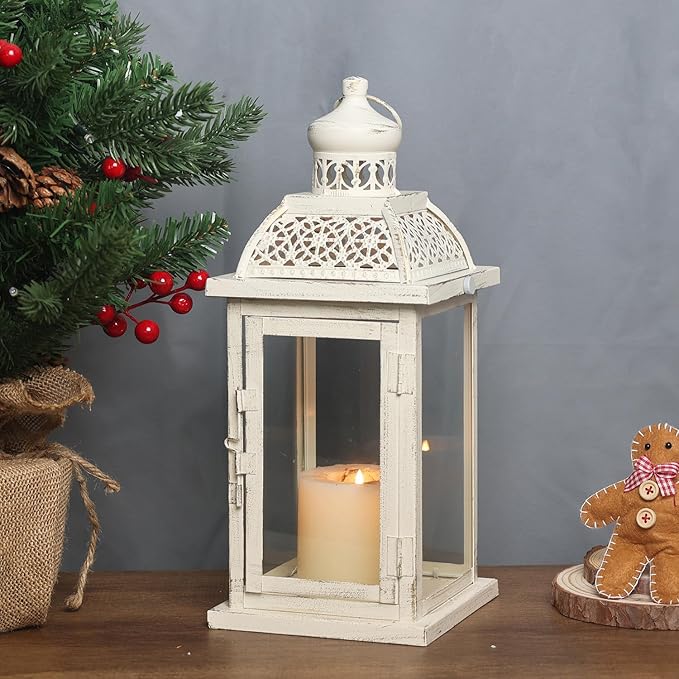 DECORKEY Lantern Decorative Indoor&Outdoor, 14.4'' Large Metal Candle Lanterns, Vintage Hanging Candle Holders Farmhouse Shelf Wedding Front Porch Patio Decor, Halloween Christmas Decorations for Home-Ruum Studio Home