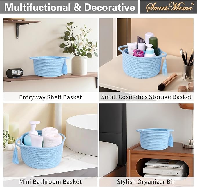 Empty Gift Basket Mini Woven Rope Organizer Baskets for Baby Shower, Vanity, Makeup Brushes, Bathroom, Shelves, Desk - Small Decorative Storage Bins - Set of 2, Pre-Shaped, Soft Blue-Ruum Studio Home