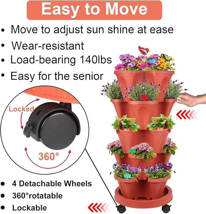 Vertical Planter, 5 Tier Stackable Strawberry Planter with Garden Tool Set, Movable Indoor/Outdoor Garden Herb Pot for Growing Vegetables and Succulents, Red-Ruum Studio Home