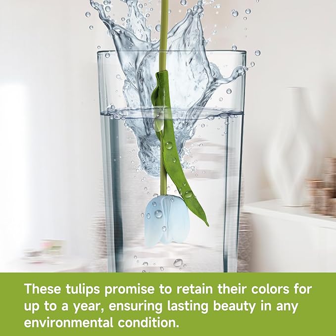 Buart Artificial Tulip in Bulk for Wedding Bridal Bouquet,Fake Flowers for Valentine's Day Mother's Day Easter Table Centerpieces Decorations(Light Blue,Real-Touch,12pcs)-Ruum Studio Home