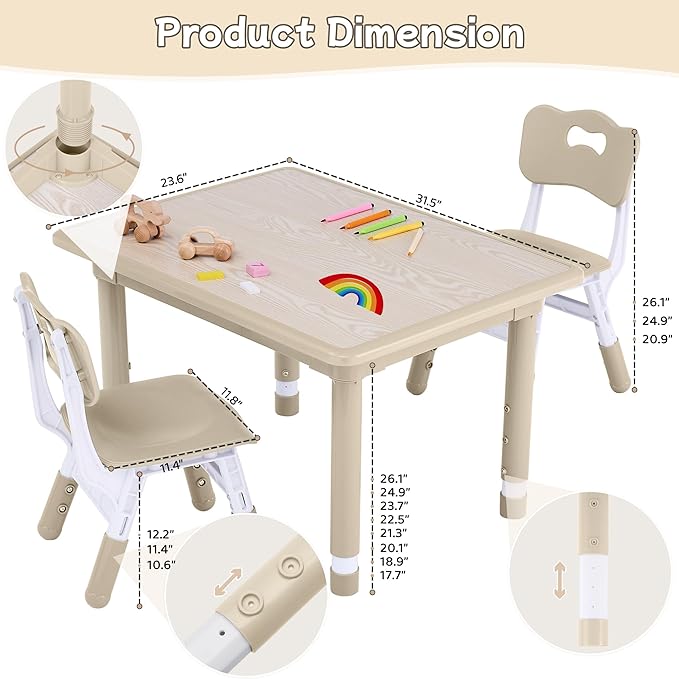 Toddler Table and Chair Set, Height Adjustable-Upgrade Kids Table and 2 Chairs for Ages 3-8, Multi-Activity Toddler Play Table with Graffiti Desktop for Home/Daycare/Classroom-Ruum Studio Home