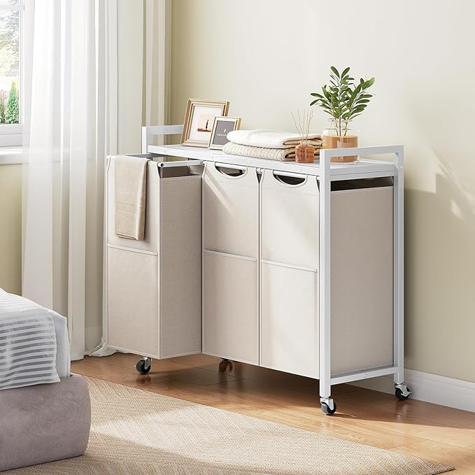 HOOBRO Laundry Sorter 3 Section, Laundry Hamper with Wheels, 3 × 11.5 Gal (43.4L), Rolling Laundry Basket, Pull-Out and Removable Oxford Fabric Bags, White WG76XY01-Ruum Studio Home