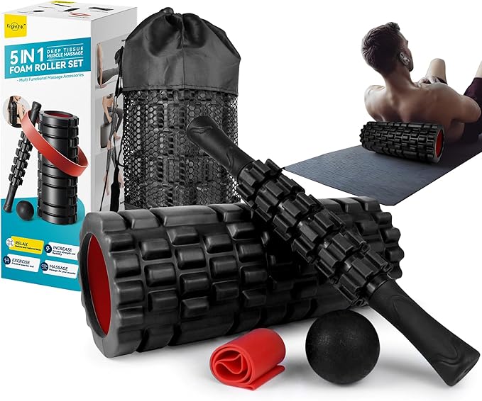 5 in1 Foam Roller Set for Deep Tissue Muscle Massage, High Density Fitness Exercise Foam Roller, Massage Roller, Massage Ball, Resistance Band, for Whole Body (Black)-Ruum Studio Home