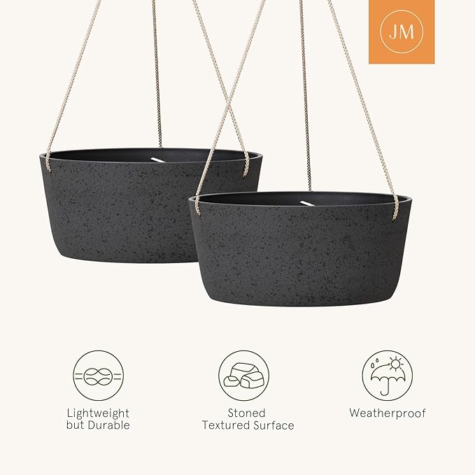 La Jolie Maison Large Hanging Planters - 12 Inch Outdoor Flower Pots, Hanging Garden Planters Set of 2, Black Charcoal-Ruum Studio Home