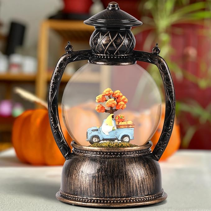 Fall Snow Globes, Blue Truck Pumpkin and Gnome Scene Snow Globes, Glittering Lantern with Timer, Snow Globe Lantern USB or Battery Powered for Fall Festival Thanksgiving Day Decor-Ruum Studio Home