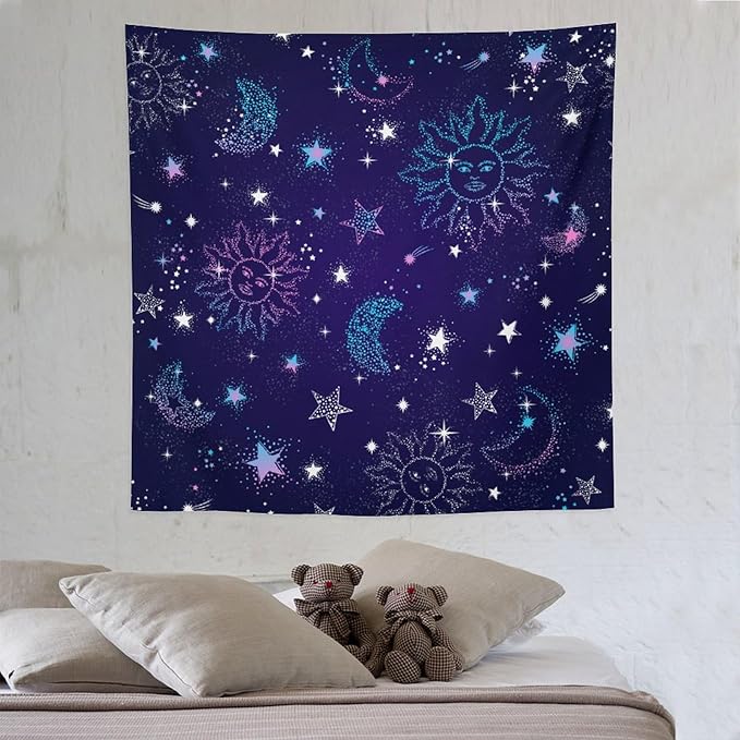 HZOHNAGO Boho Sun Moon Tapestry Purple Blue Sun Stars Galaxy Pattern Printed Wall Tapestry Wall Hanging for Bedroom Living Room Dorm 60" W x 60" H-Ruum Studio Home