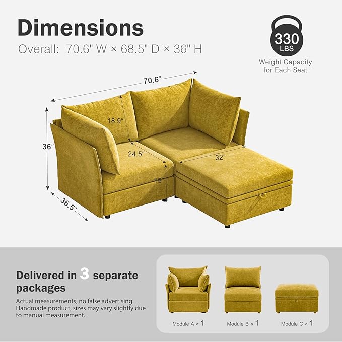 Luxury Modular Sectional Sofa, L-Shaped 3-Seat Couch with Storage Ottoman Deep Seat & Reversible Chaise Lounge Chenille Yellow for Compact Spaces, Apartments, Dorm-Ruum Studio Home