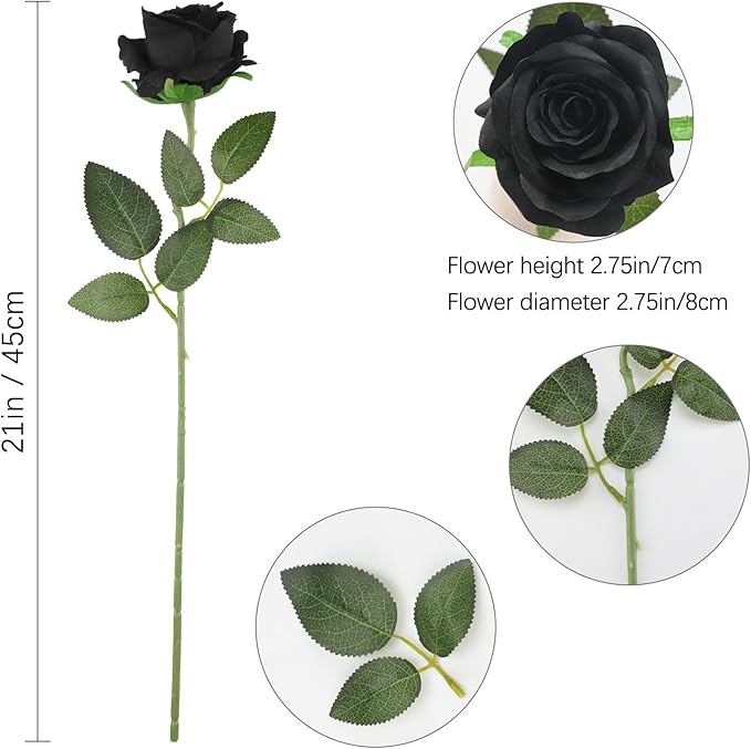 Black Fake Roses Artificial Flowers - 16 Pcs Fake Artificial Roses Silk Flowers with Stems for Home Wedding Hotel Office Centerpiece Decor-Ruum Studio Home