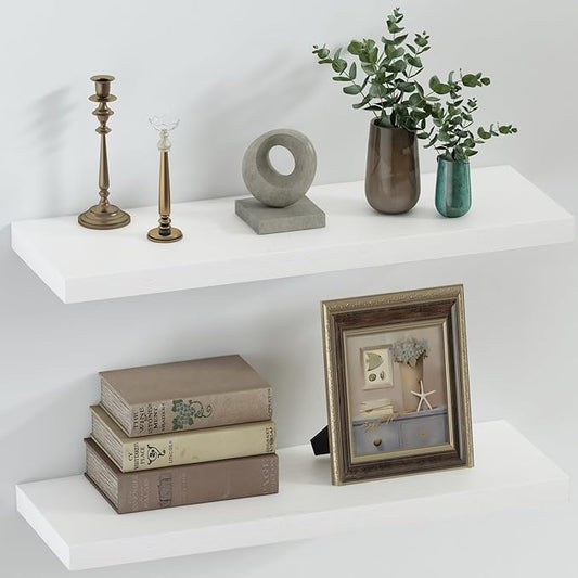 SAUMONIERES Floating Shelves 8 Inch Deep Solid Wood Wide Wall Shelf Set of 2 Wall Mounted for Bedroom Bathroom Living Room Kitchen, 24 Inch White-Ruum Studio Home