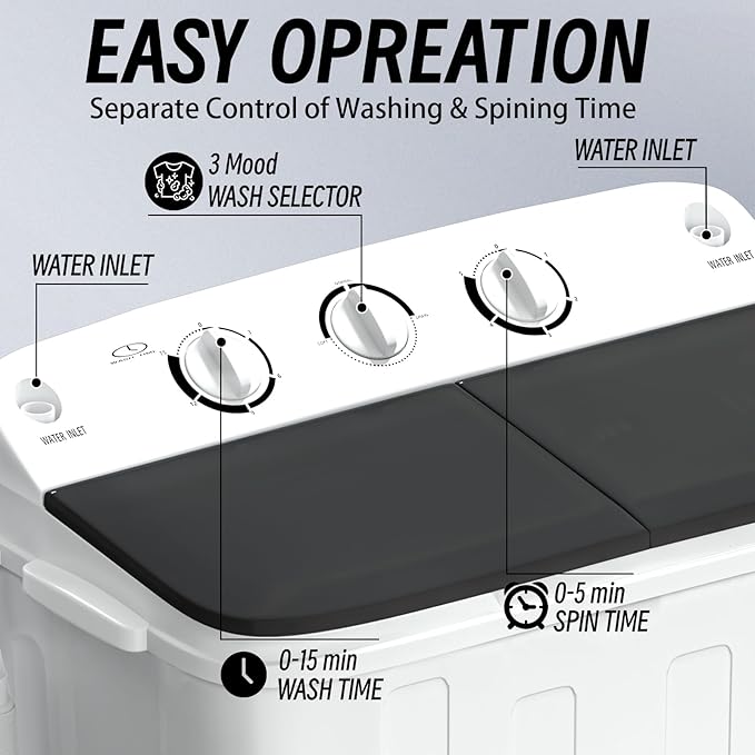Portable Mini Twin Tub 18lbs Washing Machine With Drying Rack& 10 Hangers, 11lbs Washer & 7lbs Spinner, Small Laundry Washer with Time Control for Camping, Apartments, RV (18lbsBlack)-Ruum Studio Home