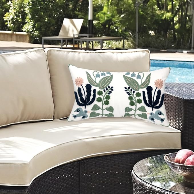 Alysheer Floral Embroidered Summer Lumbar Decorative Throw Pillow Cover 12"x 20", Farmhouse Cottage Navy Blue Green Flowers Leaves Patterned Cotton Canvas Cushion Case for Sofa Couch Bed Living Room-Ruum Studio Home