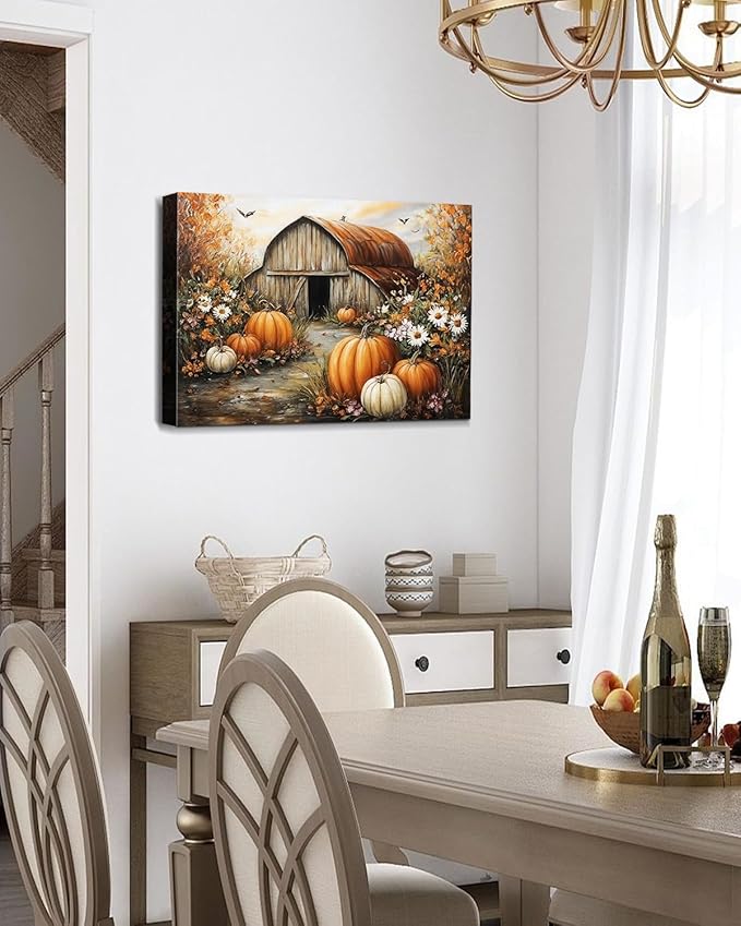 Autumn Pumpkin Barn Framed Wall Art Decor, Moody Fall Decor Rustic Country Landscape Picture Print for Farmhouse Decor,Thanksgiving Decorations Country Canvas Wall Art, Ready to Hang-Ruum Studio Home