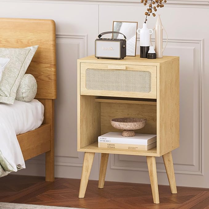 Rattan Nightstand with Opening Storage,Boho Bedside Table with Drawer,Wood Nightstand with Solid Wood Legs,End Side Table for Living Room,Bedroom,Small Space Natural CTG62Y-Ruum Studio Home