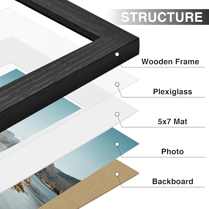 Vittanly 8x10 Picture Frames Set of 9, Shatter Resistant Plexiglass, Display 5x7 Pictures with Mat or 8x10 without Mat, Photo Frames for Wall or Tabletop, Engineered Wood, Black-Ruum Studio Home