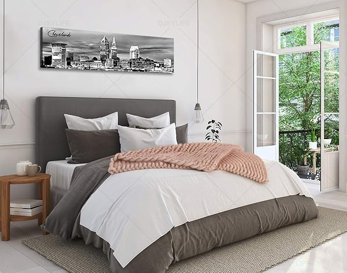 Cleveland Skyline Decor Wall Art Canvas Prints Black and White Night View USA Cityscape Panoramic Painting for Bedroom Office Framed and Ready to Hang 13.8"x47.3"-Ruum Studio Home