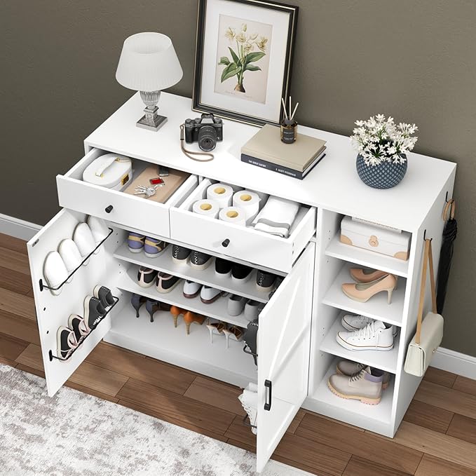 Loomie 5-Tier Shoe Cabinet with 4 Side Cubbies, Farmhouse Shoe Rack Cabinet with 6 Adjustable Shelves & 2 Drawers, Freestanding Shoe Storage Cabinet with 4 Brackets & 2 Hooks for Entryway (White)-Ruum Studio Home