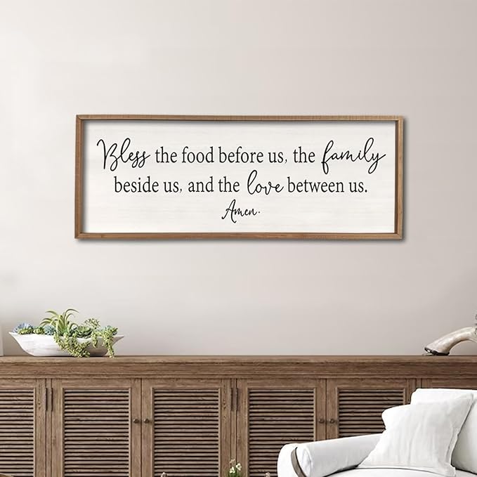Bless the Food Before Us Sign Wall Decor 40"X15" Large Farmhouse Dining Room Wall Decor Framed Wood Rustic Home Wall Art Kitchen Hanging Decoration (Wood White)-Ruum Studio Home