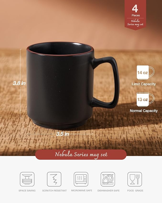 famiware Coffee Mugs Set of 4, Nebula 14oz Coffee Mugs, Ceramic Cup Set with Handle for Latte, Tea, Milk, Cappuccino, Cocoa, Matte Black-Ruum Studio Home