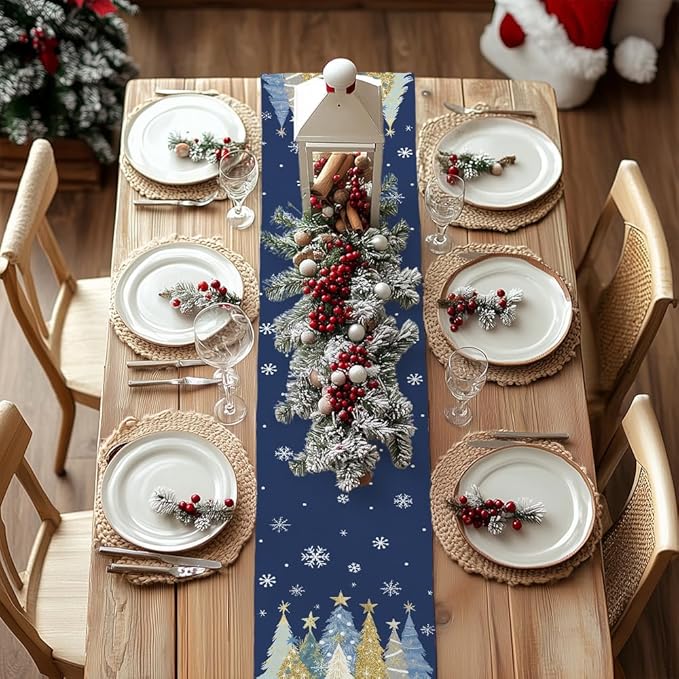 GEEORY Christmas Table Runner 13x90 Inch, Xmas Trees Snowflakes Holiday Decorative Farmhouse Table Decoration for Kitchen Dinning, Indoor Outdoor Dinner Party Decor (Blue) GT151-90-Ruum Studio Home