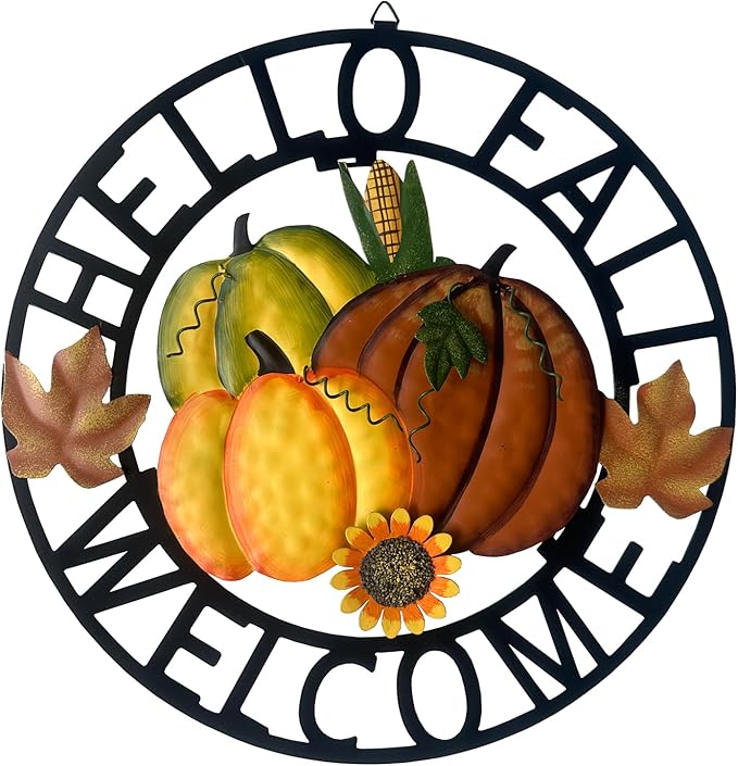 Metal Hanging Pumpkin Hello Fall Welcome Wreath Autumn Fall Harvest Decor for Front Door, Rustic Farmhouse Seasonal Thanksgiving Halloween Decoration-13''H-Ruum Studio Home