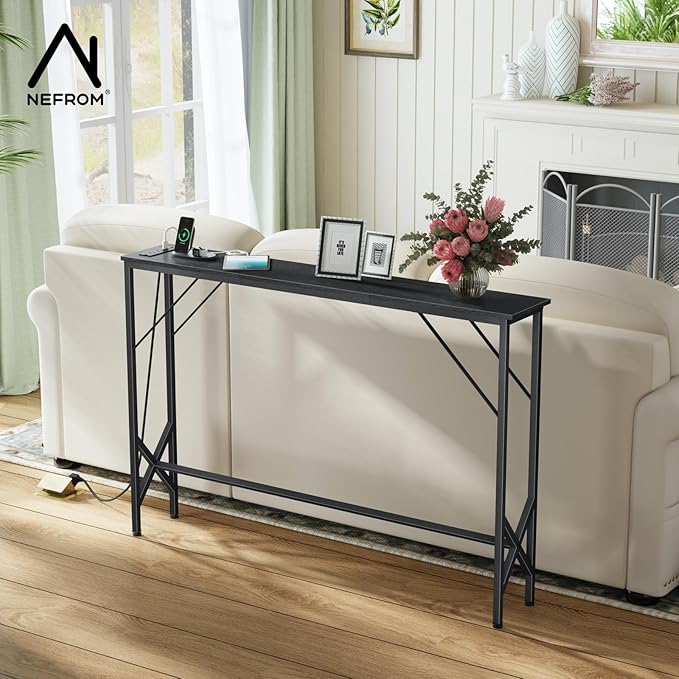 47.2'' Console Table, Skinny Entryway Table with Fast-Charging Station, Narrow Long Sofa Table, Behind Slim Couch Table for Entrance, Hallway, Living Room Decor ST-BK120-1-Ruum Studio Home