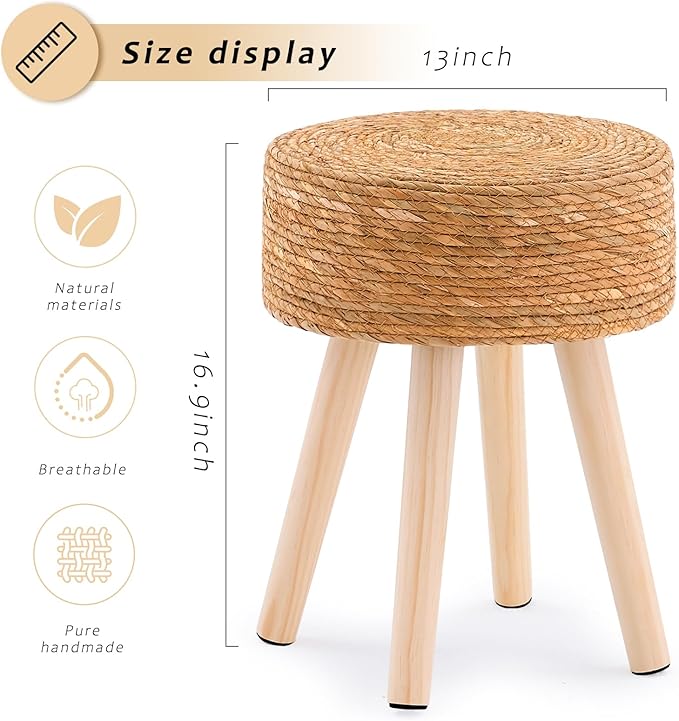 Handwoven Outdoor Ottoman, Water Hyacinth Pouf Round Patio Footstool with Wood Legs, 17-Inch Multipurpose Vanity Stool, Dining Chair, Patio Footrest for Balcony and Garden, Natural-Ruum Studio Home