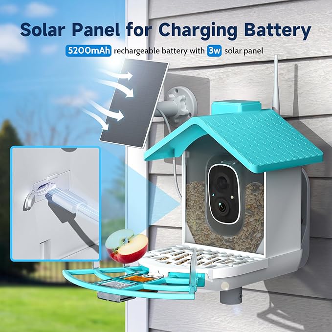Smart Bird Feeder with Camera, 2K HD Bird Feeders for Outdoors with Solar Panel, Al Identification, Idea Gift, Blue-Ruum Studio Home