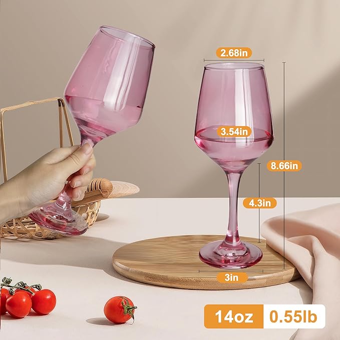 Pink Wine Glasses Set of 6-14oz Pink Long Stem Wine Glass, Pretty Crystal Glassware, Hand Blown Goblets Drinkware, Unique Stemware Wine Glass Holiday Gift Set for Women-Ruum Studio Home