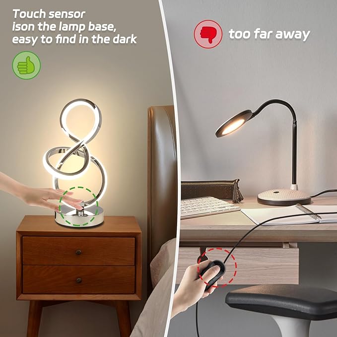 Modern Table Lamp, LED Bedside lamp with USB C+A Ports, Touch Stepless Dimmable Nightstand lamp, Unique Spiral Table lamp for Bedroom Living Room Home Office, LED Spiral lamp, Silver-Ruum Studio Home