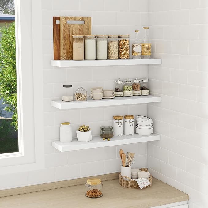 Fun Memories 30 Inch Floating Shelves Set of 3, Farmhouse White Wall Shelves for Kitchen, Living Room, Wall Mounted Bathroom Shelves in Black, 30 x 6.7 x1.4 Inch-Ruum Studio Home