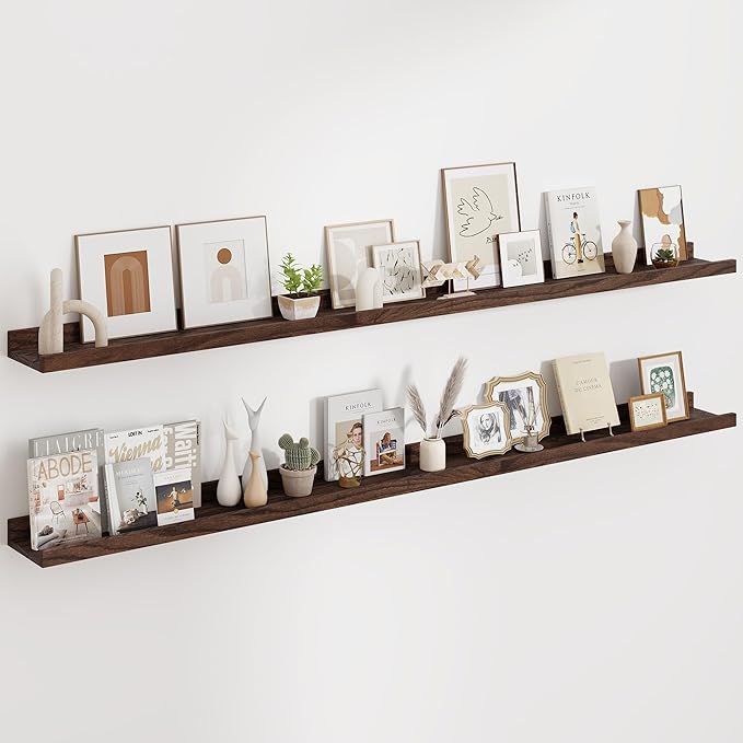 Floating Picture Ledge Shelves 72 Inch Solid Oak Wood Set of 2, Rustic Wall Storage Shelves with Lip, Kids Bookshelf, Photo & Picture Ledge Shelves for Bedroom, Living Room, Kitchen-Ruum Studio Home