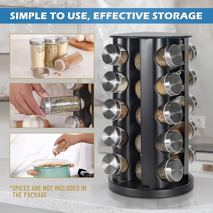 Black Countertop Revolving Spice Rack, Empty 20-Jars Rotating Spice Rack Organizer, Round Carousel Tower, 135 Spice Labels with Funnel Complete Set, for Kitchen Countertop, Cabinet-Ruum Studio Home