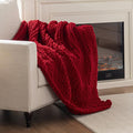 Chunky Knit Blanket Throw, 100% Hand Knit Throw Blanket Handmade Chenille Cable Knit Throw for Couch, Stylish Cozy Soft Rope Knot Crochet Blanket for Home Decor, Red, 50x60 Inches-Ruum Studio Home