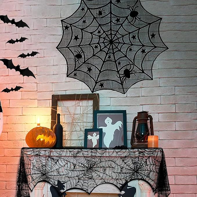 Hommtina 4 Pack Halloween Decorations Tablecloth Runner Black Lace Round Spider Cobweb Table Cover Fireplace Mantel Scarf Spiderweb with 60 Pcs 3D PVC Scary Black Bat Sticker Halloween Party Supplies-Ruum Studio Home