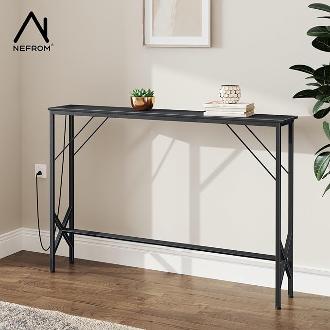 47.2'' Console Table, Skinny Entryway Table with Fast-Charging Station, Narrow Long Sofa Table, Behind Slim Couch Table for Entrance, Hallway, Living Room Decor ST-BK120-1-Ruum Studio Home